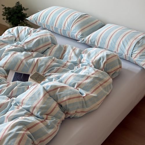 LifeTB Retro Striped Duvet Cover Set Queen 100% Washed Cotton Bedding Set