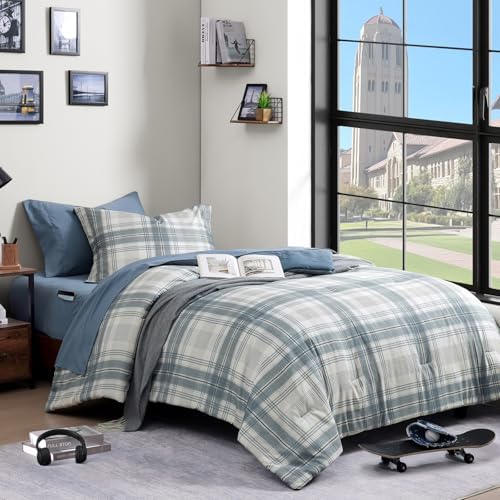 Plaid Twin XL Comforter Set Blue Grey 5 Pieces College Dorm Bed in a Bag