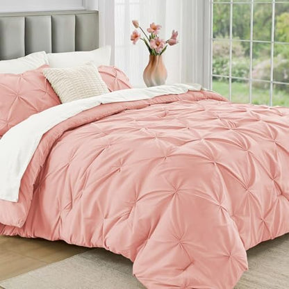 JOLLYVOGUE Twin Comforter Set 5 Pieces - Bed in a Bag Twin for All Season, Pintuck Bedding Comforter Sets with Comforter, Flat Sheet, Fitted Sheet and Pillowcases & Shams, Pink & Ivory