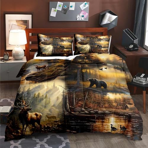 LUVIVIHOME 3PCS Black Bear Deer Cabin Comforter Set King Size, Elk Moose Mallard Duck Woodland Forest Animal Wildlife Hunting Camo Hunter Country Lodge Rustic Farmhouse Bedding Sets, 2 Pillow Cases