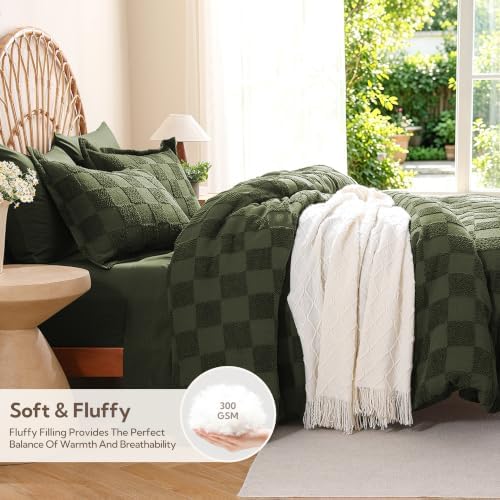 MR&HM King Comforter Set 7 Pieces, Checkered Boho Bed Set Dark Olive Green