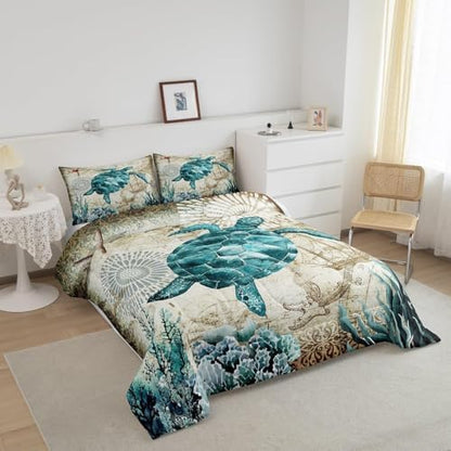 Turtle Bedding Teal Turtle Comforter Set Turquoise Ocean Themed Mediterranean Style Printed Design Ocean Turtle Down Comforter Quilted Duvet Set King Size 1 Comforter 2 Pillowcases (King, Turtle)