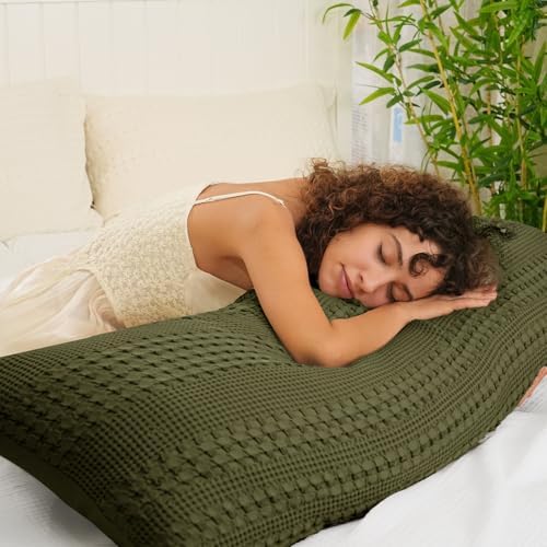 PHF 100% Cotton Waffle Body Pillowcase with Zipper, 1 Pack 20" x 54" Soft Skin-Friendly Pillow Sham, No Filling, Aesthetic Woven and Breathable Waffle Weave Body Pillow Cover for Bed, Capulet Olive