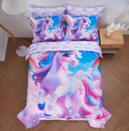 Viviland Kids Bedding Set Twin Size Comforter Sets, Bed in Rainbow Unicorn Cover Set for Children