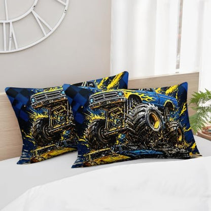 AILONEN Queen Comforter Set 3 Piece, Blue Yellow Off Road Truck 3D Printed Bedding with 2 Pillowcases, Soft Lightweight Microfiber Checkered Racing Decor for Master Suite