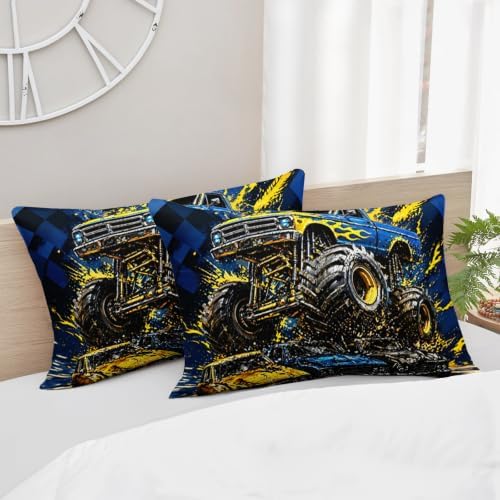 AILONEN Full Comforter Set 3 Piece, Blue Yellow Off Road Truck 3D Printed Bedding with 2 Pillowcases, Soft Breathable Microfiber Checkered Racing Decor for Guest Room