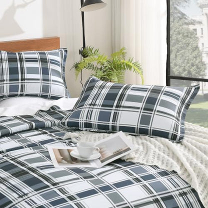 Andency Navy Plaid Comforter Set Queen, Gingham Checkered Grid Bedding Set