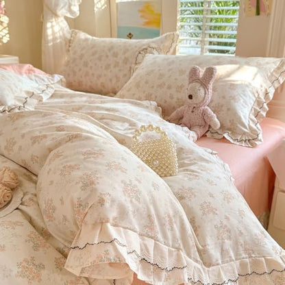 Vintage Floral Duvet Cover Set Twin, Chic Coquette Flower Botanical Bedding Set with Ruffle Lace, French Style 100% Cotton Cottagecore Duvet Cover, Aesthetic Flower Princess Lace Bedding Set Twin