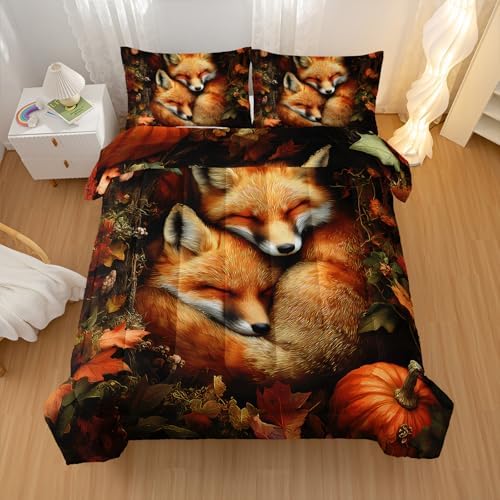 Nttopship Fox Comforter Set 3-Pieces Twin Size,Cute Foxes Bedding Set for Kids Boys Girls Cute Animal Comforter Wildlife Quilt Set 3D Animal Plants Leaves Printed ThemeComforter with 2 Pillowcases