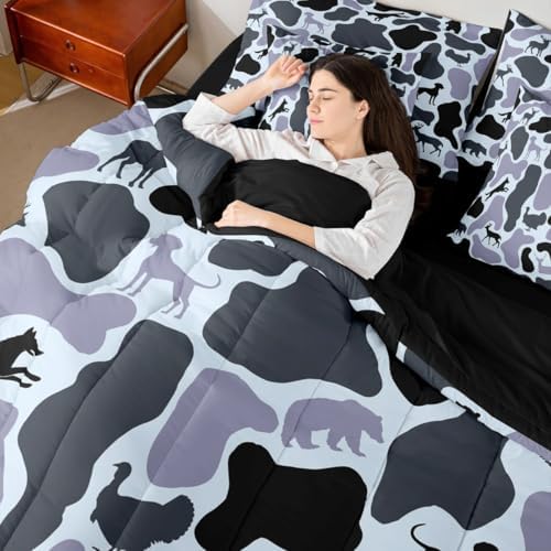 Erosebridal Hound Turkey 7 Piece Bedding Set Full Camo Comforter Set with Sheets Wolf Deer Bear Pattern Retro Bed in a Bag Grey Camouflage Army Woods for Kids Boys Girls