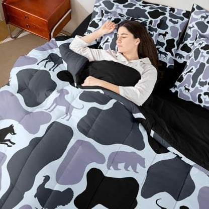 Erosebridal Hound Turkey 7 Piece Bedding Set Full Camo Comforter Set with Sheets Wolf Deer Bear Pattern Retro Bed in a Bag Grey Camouflage Army Woods for Kids Boys Girls