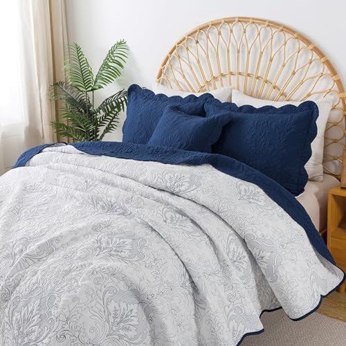 HoneiLife Quilt Sets King Size - Microfiber Bedspreads for King Bed, 3-Piece Lightweight Coverlets, Retro Bed Cover King Quilt Bedding Set All Season Quilts-Navy