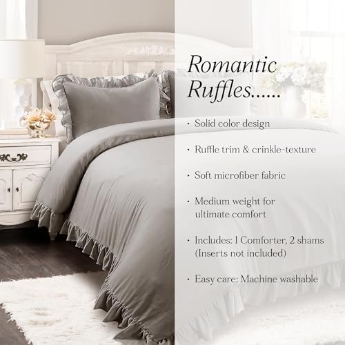 Lush Decor Reyna Ruffle Comforter Set - 3 Piece Cozy Ruffled Bedding Set - Timeless Elegance and Comfort for Dorm Room - Full/ Queen, Gray