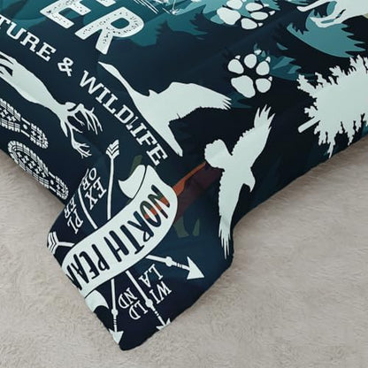 QOOMO Camping Kids Queen Comforter Set 3Pcs Adventure Bedding Set for Girls Boys Wild Animal Printed Comforter with 2 Pillowcases Lightweight Microfiber for All Seasons