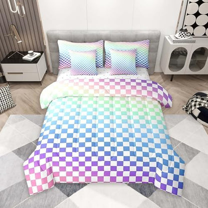 jejeloiu Ombre Colorful Plaid Comforter Set with Sheets 7 Piece Full Size