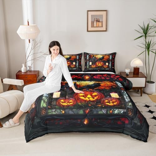 Crow Kids Comforter Set Full Size,Halloween Pumpkin Lantern Lamp Gothic Bedding Set,Girls Boys Room Decor,Castle Branch Geometric Patchwork Quilt Comforter,Black Retro Duvet Insert,2 Pillowcases