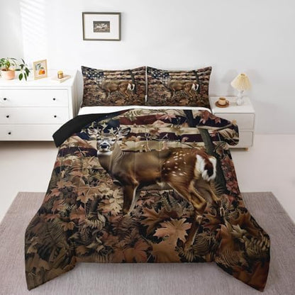 Feelyou Cute Deer Comforter Set Twin Size for Girls Boys Kids Deer Hunting Bedding Set Room Decor American Flag Camo Bedding Set Cabin Deer Brown Duvet Set 2Pcs Quilt Set