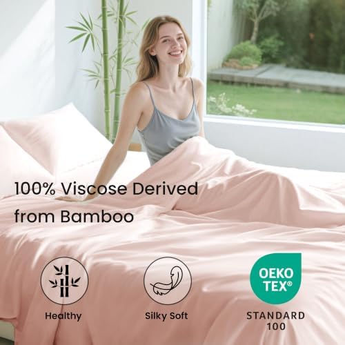 Love's cabin 4 Piece California King Size Sheet Set, 100% Rayon Derived from Bamboo, Cooling & Breathable, Soft Silky Deep Pocket up to 16", Hotel Luxury Bedding for Hot Sleepers, Pink
