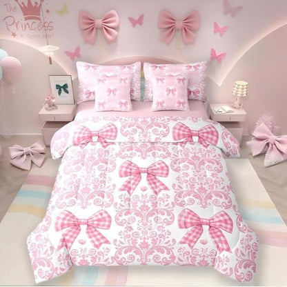 Pink Bowknot Bed in a Bag Queen Comforter Set 7 Piece,Bohemian Exotic Damask Sheet Set,Cute Ribbon Bow Knot Bedding Set,Girly Kawaii Bed Set Antique Victorian Vintage Floral Pink Bedroom Decor