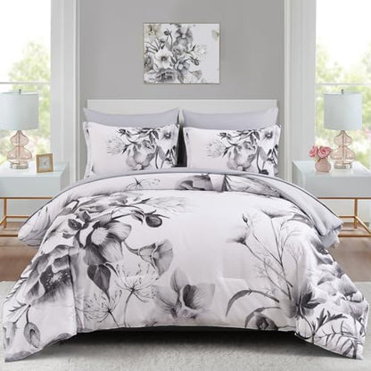 Luxudecor Floral Comforter Set Full Size 7 Piece, Black Flower Bed in a Bag, Elegant Ink Comforter Bedding Set for All Season (Ink, 80"x90")