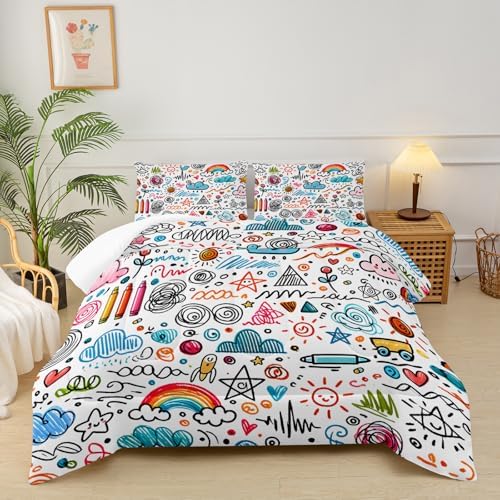 Kids Comforter Sets for Girls Rainbow，Full Size Bedding Set Cute and Soft/Fluffy Pink Blue and Yellow，Cartoon Quilt，Cartoon Bedroom Decor，1 Comforter 2 Pillow Cases