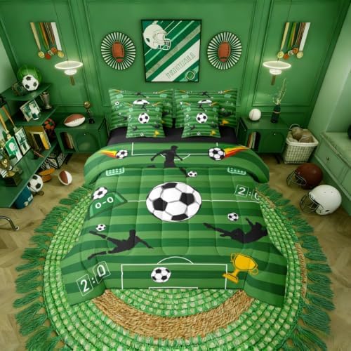 Erosebridal Green Playground Soccer Boys Kids King 7-Piece Comforter Set | Ball Games Sheets and Pillowcases Geometric Striped Bed in A Bag Football Court Gaming Bed Sets