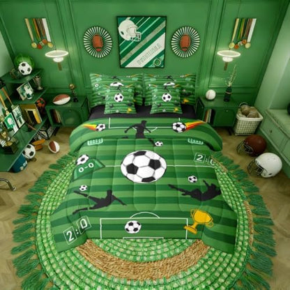 Erosebridal Green Playground Soccer Boys Kids King 7-Piece Comforter Set | Ball Games Sheets and Pillowcases Geometric Striped Bed in A Bag Football Court Gaming Bed Sets