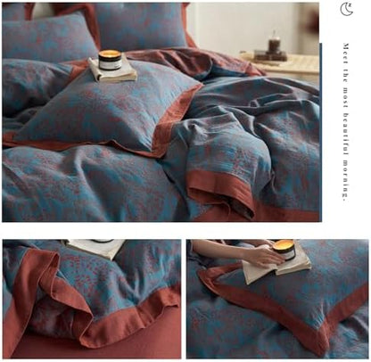 VM VOUGEMARKET Blue Red Duvet Cover Queen,3 Pieces Retro Jacquard Forest Theme Tree Leaves Bedding Set,Linen Cotton Yarn-Dyed Textured Duvet Cover with Zipper Closure