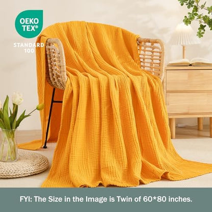 EMME Muslin Blankets for Adults Throw Blanket for Couch Breathable Gauze Soft Lightweight Airy Mustard Yellow Throw 50" x 60"