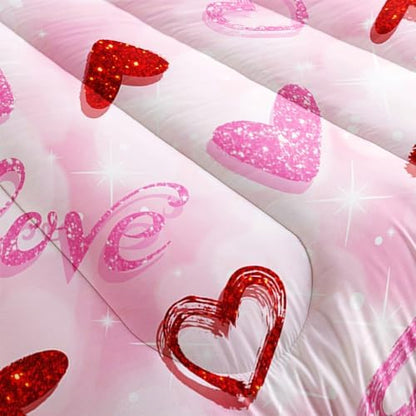 Nttopship Pink Love Heart Comforter Bedding Set with 2 Pillowcase King Size Pink Girl Comforter Set for Kids Boys Girls Bedroom Decor