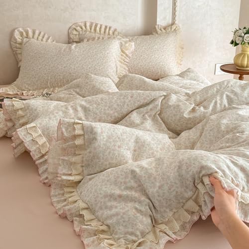 VM VOUGEMARKET Vintage Pink Floral Queen Duvet Cover Set with Romantic Ruffles Soft Muslin Cotton Bedding Set,Breathable Linen Like Gauze Comforter Cover with Zipper Closure 90"x90"
