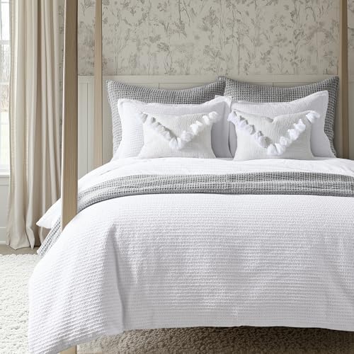 Levtex Home Cloud Waffle Full/Queen Comforter Set (90x94in) with 2 Pillow Shams (26x20in) - Solid Waffle Cotton Texture - Bright White - Cotton Full/Queen Size Comforter Set - Soft, Pre-Washed