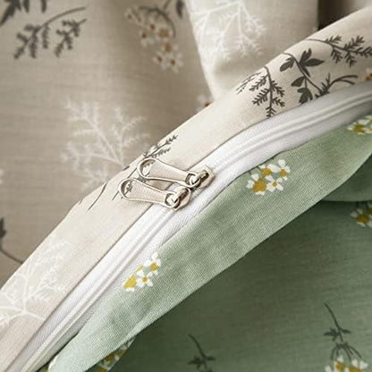 mixinni Duvet Cover Set Floral King Size Soft Cotton Bedding Flower Green Leaves on Beige Comforter Cover Set (1 Duvet Cover+ 2 Pillowcases) for Her and Him-Easy Care, Soft and Durable King Size