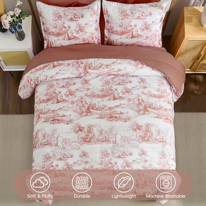 Blush Pink Queen Comforter Set, 7 Pieces Bed in a Bag French Toile Comforter with Sheets, Soft Lightweight Microfiber Botanical Complete Queen Size Bedding Set for All Season
