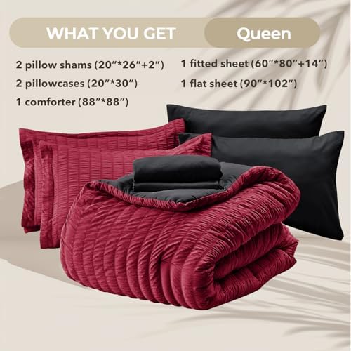 HYMOKEGE Red & Black Queen Comforter Set Seersucker 7 Pieces, All Season Luxury Bed in a Bag for Bedroom, Bedding Set with Comforters, Sheets, Pillowcases & Shams