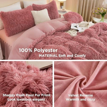 Andency Old Pink King Size Comforter Set, Fluffy Faux Fur Warm Bedding Set