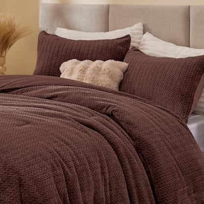 ChiXpace Fleece Queen Comforter Set Hot Chotolate, Fluffy Bed Set 3 Pieces