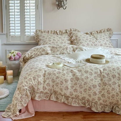 VM VOUGEMARKET Ruffle Duvet Cover Full Shabby Chic Pink Floral Bedding Set,Soft, Breathable Muslin Cotton Linen Like Gauze Comforter Cover with Zipper Closure
