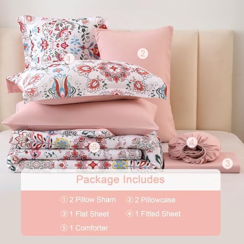 DHSFKBE Boho Comforter Set King - 7 Pieces Bed in a Bag Floral Design, Bohemian Comforter Set with Sheets, Soft Microfiber Complete Bedding Sets All Season (Light Pink, King)
