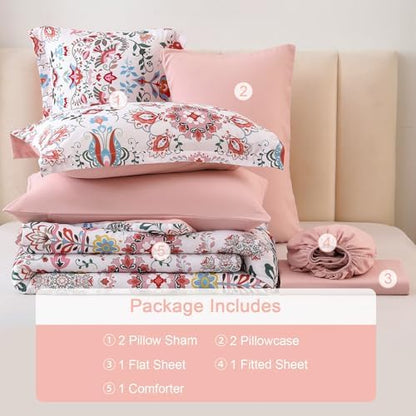 DHSFKBE Boho Comforter Set King - 7 Pieces Bed in a Bag Floral Design, Bohemian Comforter Set with Sheets, Soft Microfiber Complete Bedding Sets All Season (Light Pink, King)