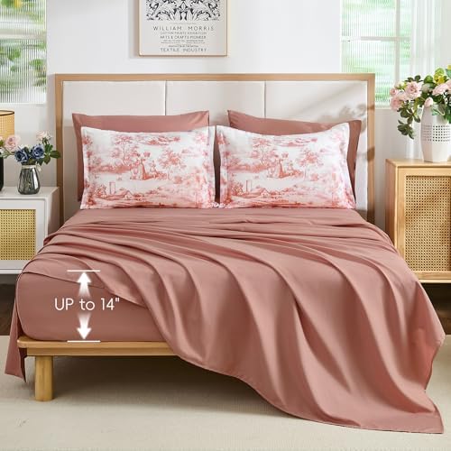 Blush Pink Queen Comforter Set, 7 Pieces Bed in a Bag French Toile Comforter with Sheets, Soft Lightweight Microfiber Botanical Complete Queen Size Bedding Set for All Season