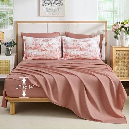 Blush Pink Queen Comforter Set, 7 Pieces Bed in a Bag French Toile Comforter with Sheets, Soft Lightweight Microfiber Botanical Complete Queen Size Bedding Set for All Season