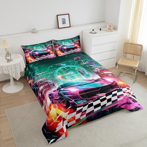 Feelyou Boys Pink Race Car Toddler Size Bedding Set Kids Racing Car Decor Comforter Extreme Sports Car Comforter Set for Teens Honeycomb Grid Car Comforter Quilt Set Car Room Decorations