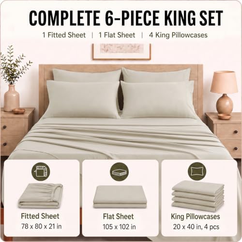CozyLux King Size Sheets Set 6-Piece, 21-Inch Deep Pocket, Soft Feel