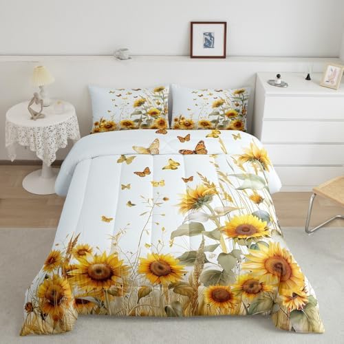 jejeloiu Sunflower Comforter Set King Size Kids Butterfly Rustic Floral Bedding Set Boys Girls Teens Yellow Flowers Duvet Breathable Botanical Spring Quilt Bedroom Decor,1 Comforter with 2 Pillowcase