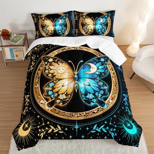Butterfly Comforter Boho Bedding Sets Full Size,Blue Gold Sun and Moon Printed Comforter Bedding Sets for Kids Teens Girls Room Decor,Aesthetics Butterfly Comforter Sets with 2 Pillowcases.