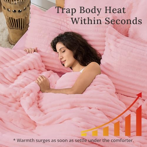 Sasttie Fluffy King Comforter Set, 3-Piece Soft Fleece Bedding, Pink