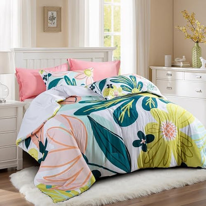 Tyrot Boho Floral Queen Comforter Set - 3 Piece Summer Tropical Botanical Bedding Comforter Sets for All Season Soft Lightweight Mid Century Bed Set, (1 Reversible Comforter and 2 Pillow Shams