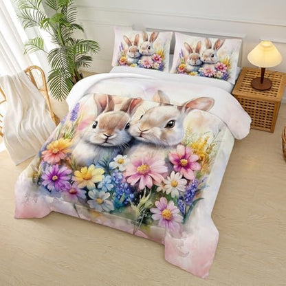Cute Rabbit King Comforter Set for Kids,Kawaii Bunny Quilt Set for Boys Girls,Rural Farm Animals Fluffy Rabbit Flowers Garden Bed Set,Pink Watercolor Bedding Set for Bedroom Decor