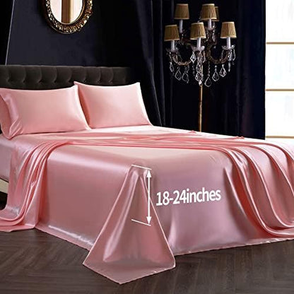 SiinvdaBZX 4Pcs Extra Deep Pocket Satin Sheet Set Queen Size, Blush Pink